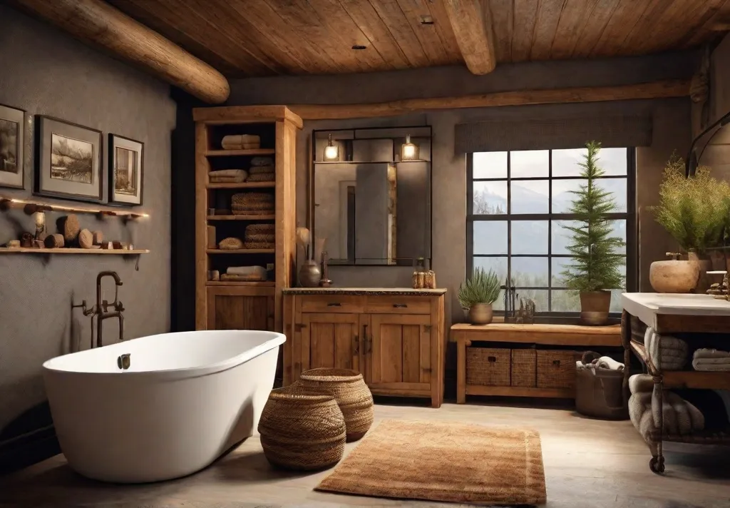 A cozy and inviting rustic bathroom with a clawfoot bathtub