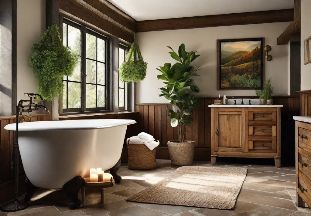 A cozy and inviting rustic bathroom with a clawfoot tub
