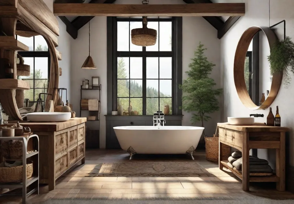 A cozy and inviting rustic bathroom with a freestanding bathtub