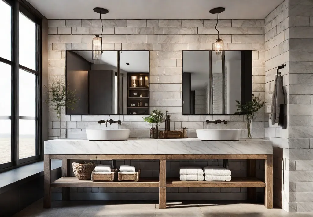 A cozy and inviting rustic bathroom with a freestanding pedestal stone bathroom vanity