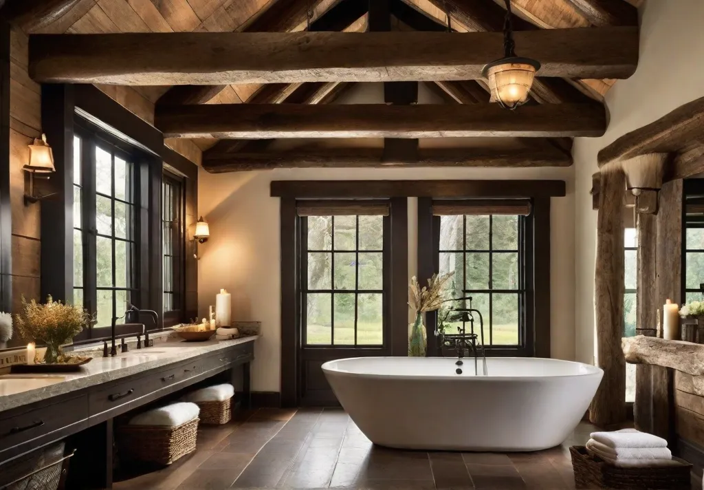 A cozy and inviting rustic bathroom with exposed wood beams