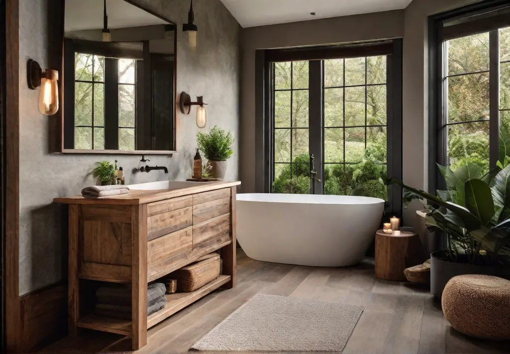 A cozy and inviting rustic bathroom with natural wood elements