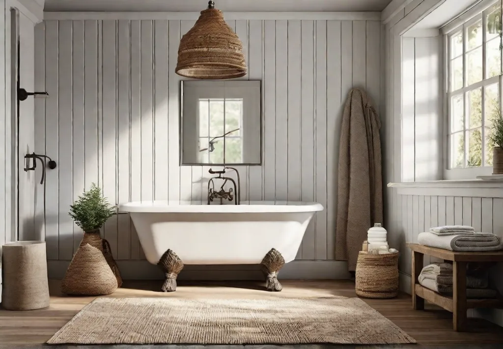 A cozy and inviting rustic bathroom with shiplap paneling