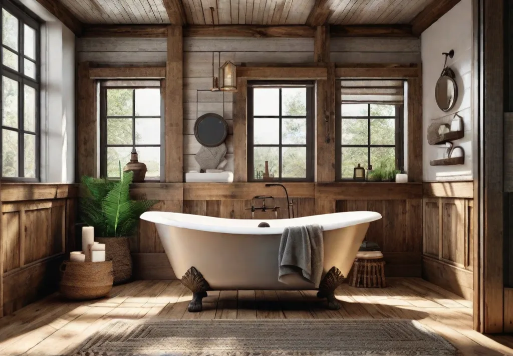 A cozy and inviting rustic bathroom with shiplap walls