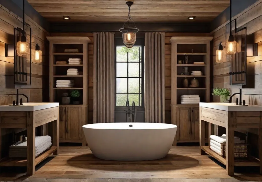 A cozy and inviting rustic bathroom with soft