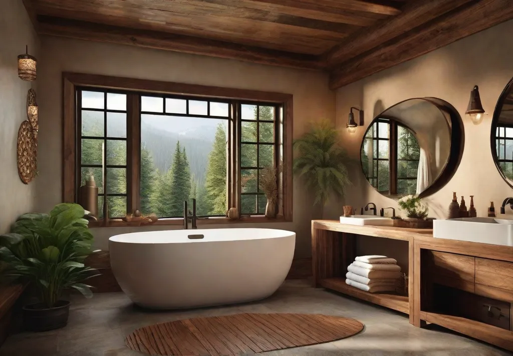 A cozy and inviting rustic bathroom with warm brown walls