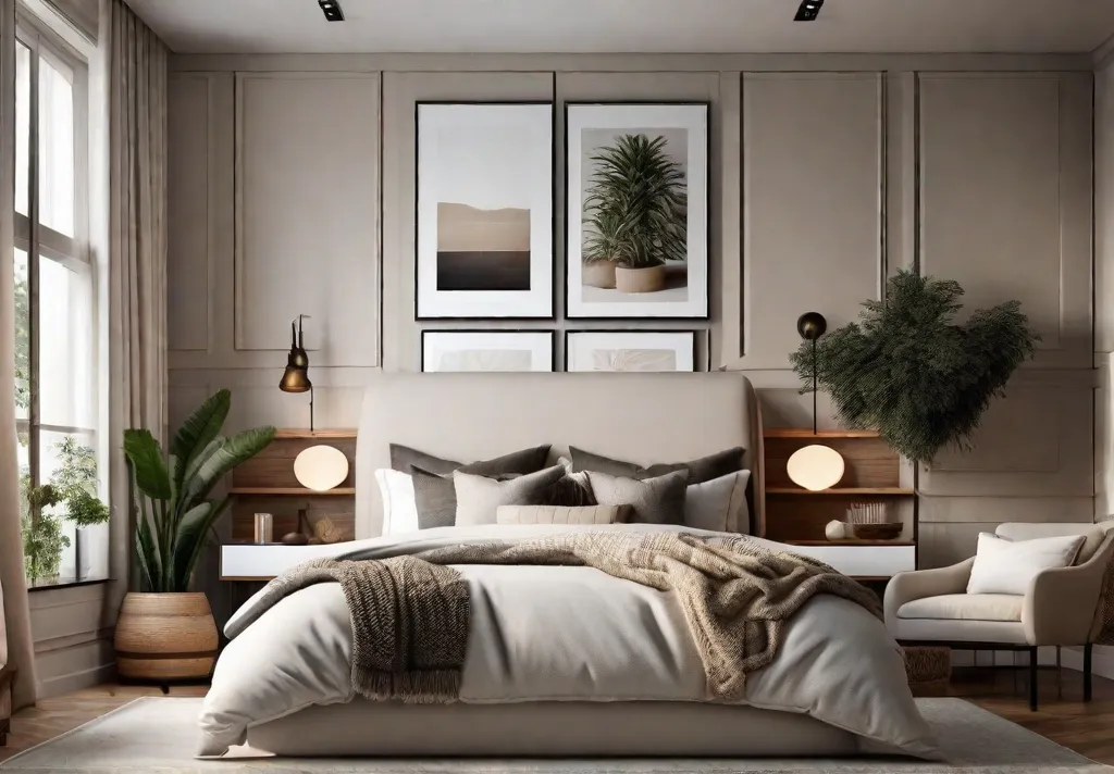 A cozy and serene bedroom with a neutral color palette