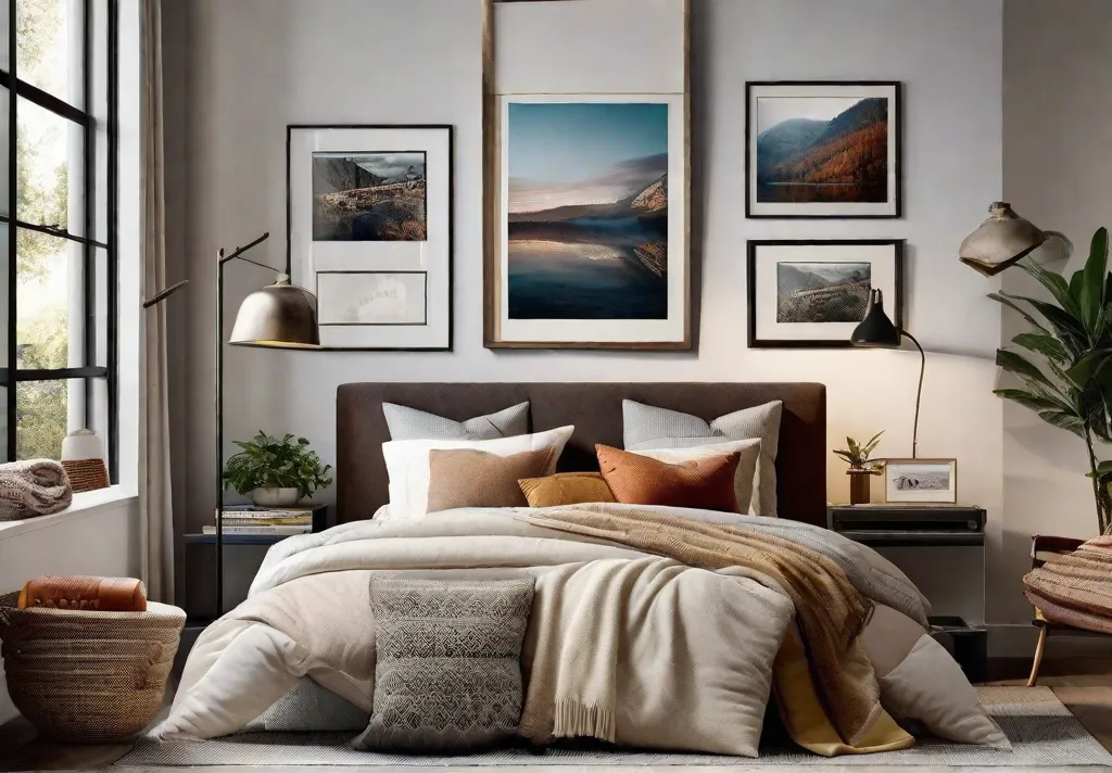 A cozy bedroom with a gallery wall displaying framed photos