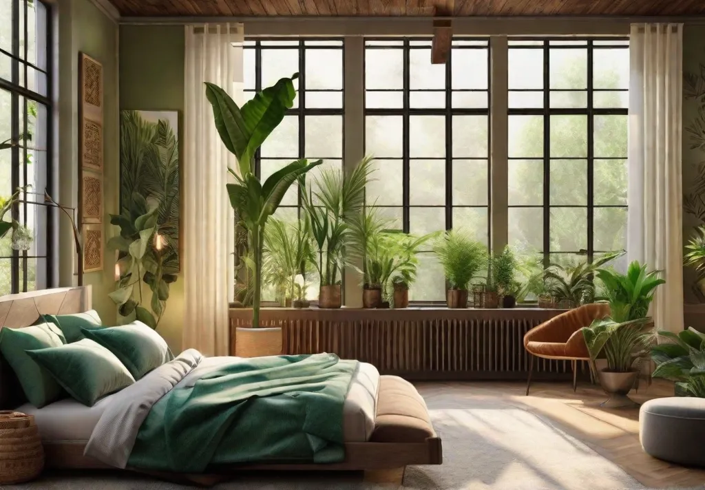 A cozy bedroom with a large window overlooking a lush garden