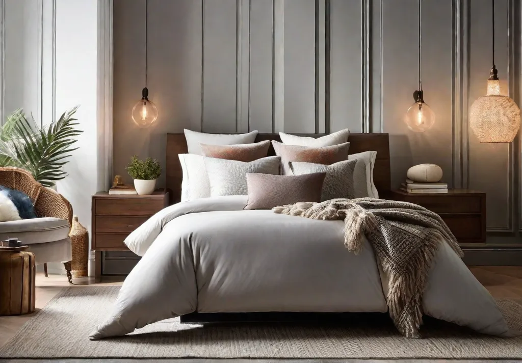 A cozy bedroom with a layered bed featuring a soft