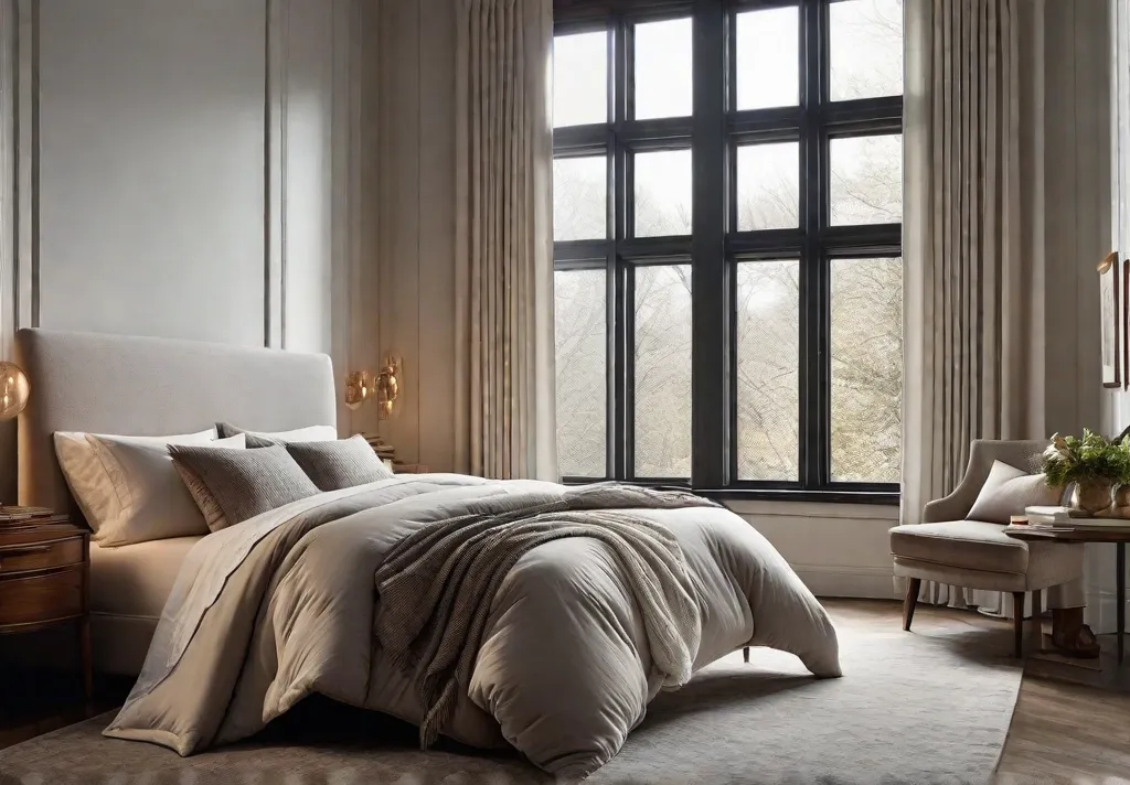 A cozy bedroom with a neutral colored comforter