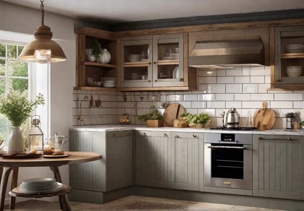 A cozy countrystyle kitchen featuring mixed ceramic and porcelain handles on cabinets