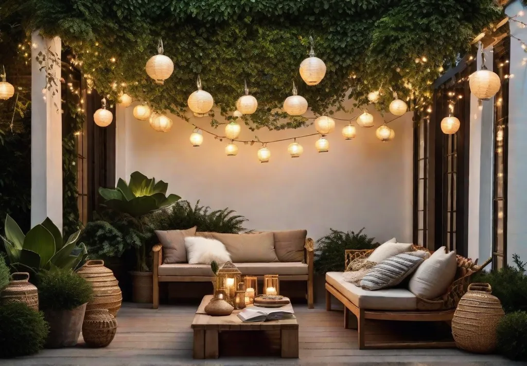 A cozy evening scene with string lights gracefully illuminating a collection of hanging lanterns above a set of wicker seating