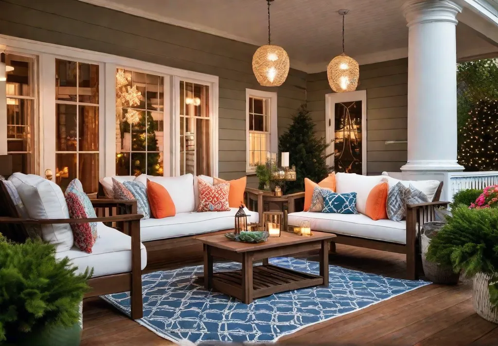 A cozy front porch illuminated by soft string lights and adorned with plush outdoor sofas and colorful throw pillows