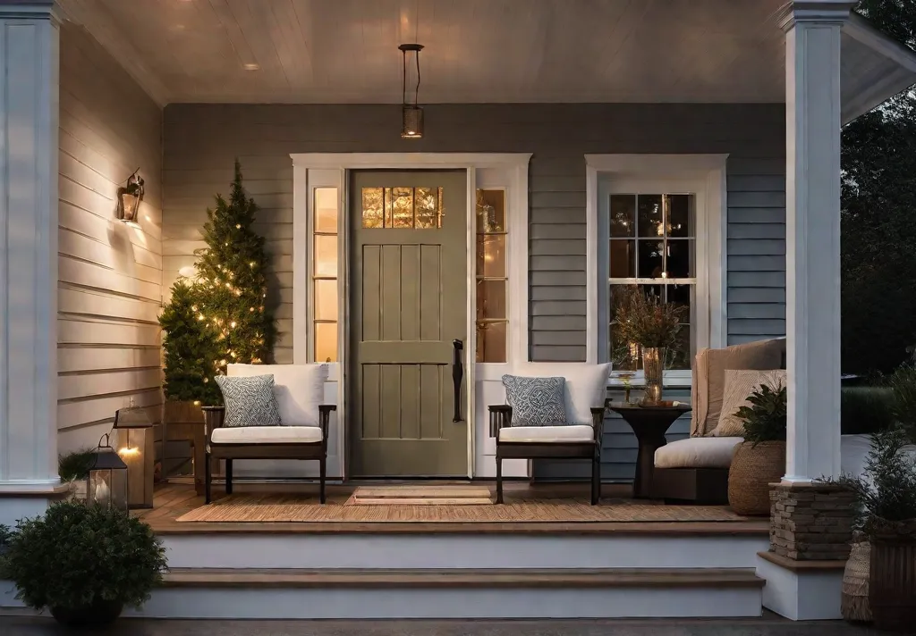 A cozy front porch setting at dusk