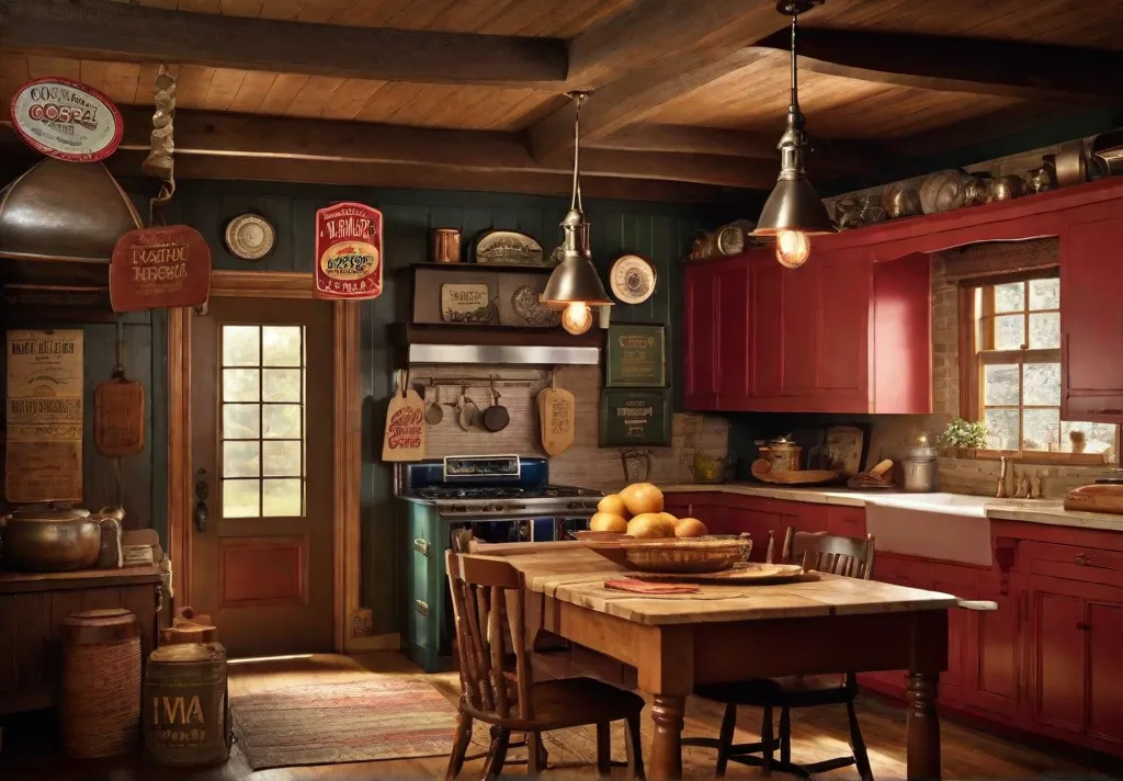 A cozy kitchen featuring an array of vintage signs