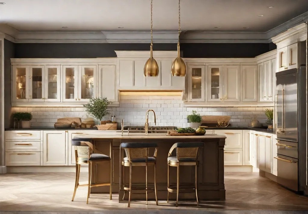 A cozy kitchen scene lit by warm light with cabinets featuring soft