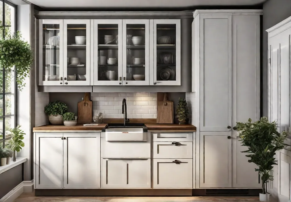 A cozy kitchen scene with newly installed cabinet hardware a small plant