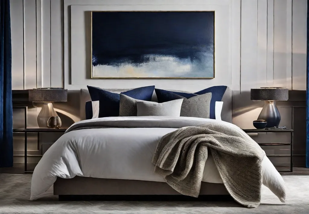 A cozy minimalist bedroom with navy blue walls showcasing a single large