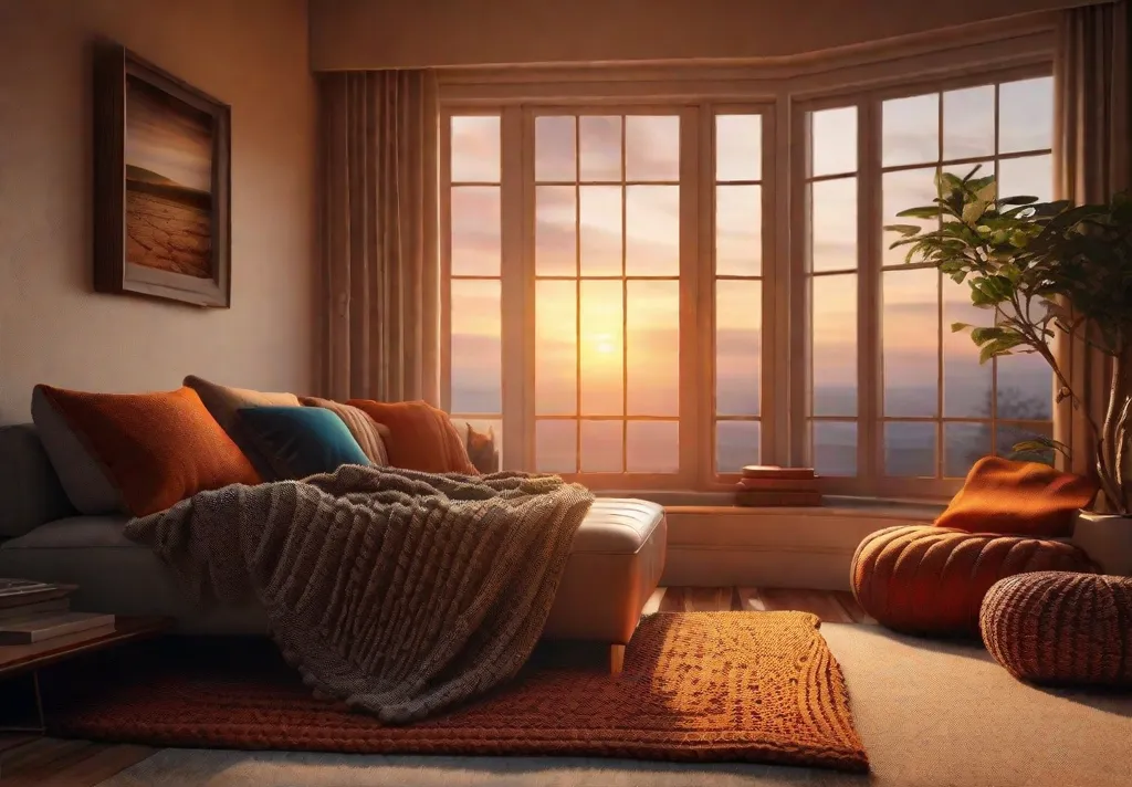 A cozy reading nook by a large window bathed in the warm