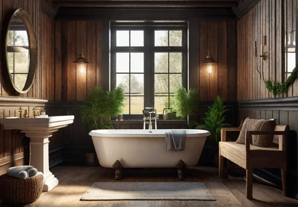 A cozy rustic bathroom interior with wooden walls