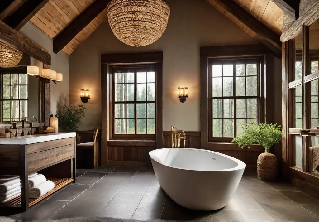 A cozy rustic bathroom with a freestanding bathtub