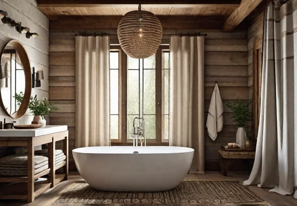 A cozy rustic bathroom with a jute rug