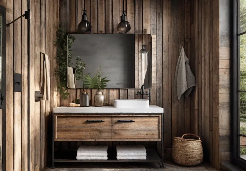 A cozy rustic bathroom with a weathered wood vanity