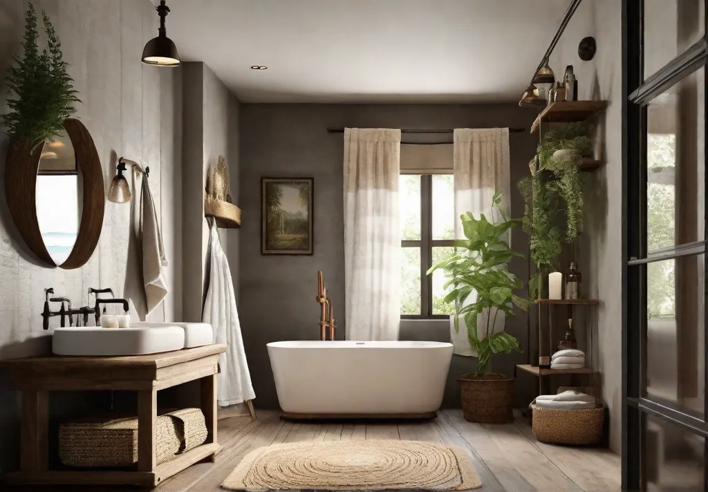 A cozy rustic bathroom with a wooden bath mat