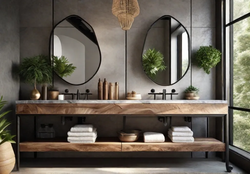 A cozy rustic bathroom with a wooden vanity