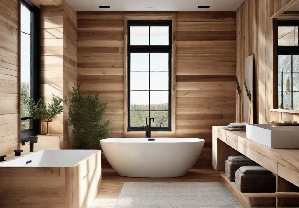 A cozy rustic bathroom with light colored wood cabinetry