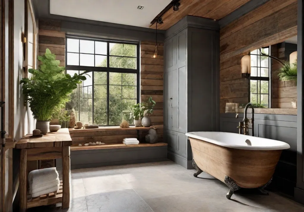 A cozy rustic bathroom with natural wood accents