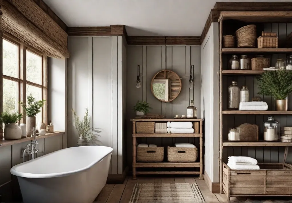 A cozy rustic bathroom with open shelving made from distressed wood