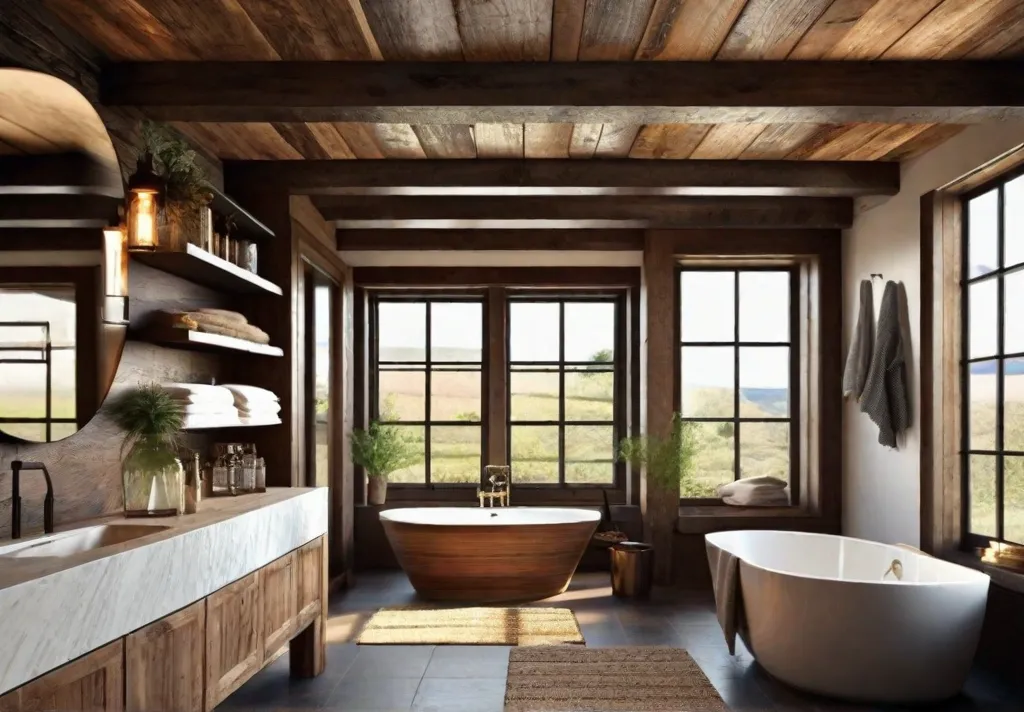 A cozy rustic bathroom with reclaimed wood shelving