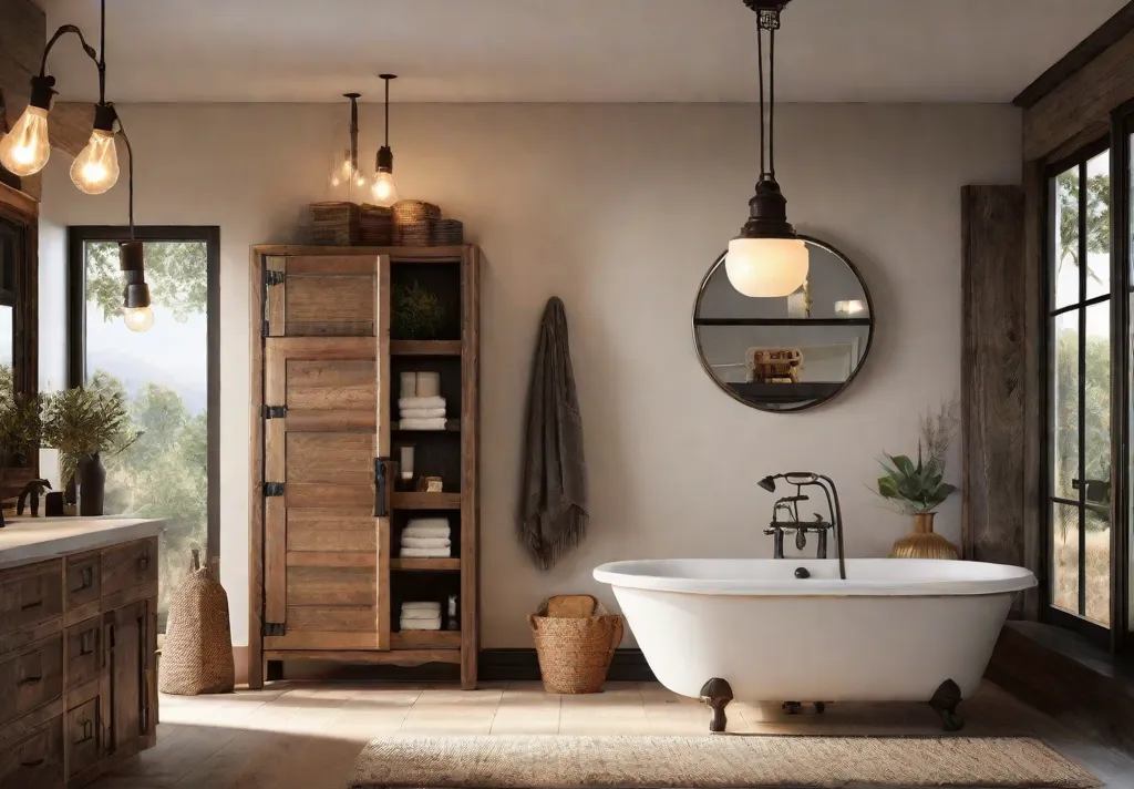 A cozy rustic bathroom with warm lighting