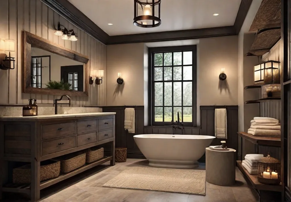 A cozy rustic bathroom with warm