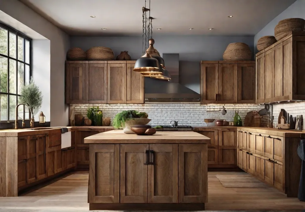 A cozy rustic kitchen featuring cabinets adorned with leather pulls paired with