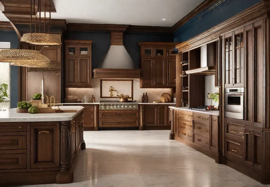 A cozy traditional kitchen with detailed brass knobs and drawer pulls complementing