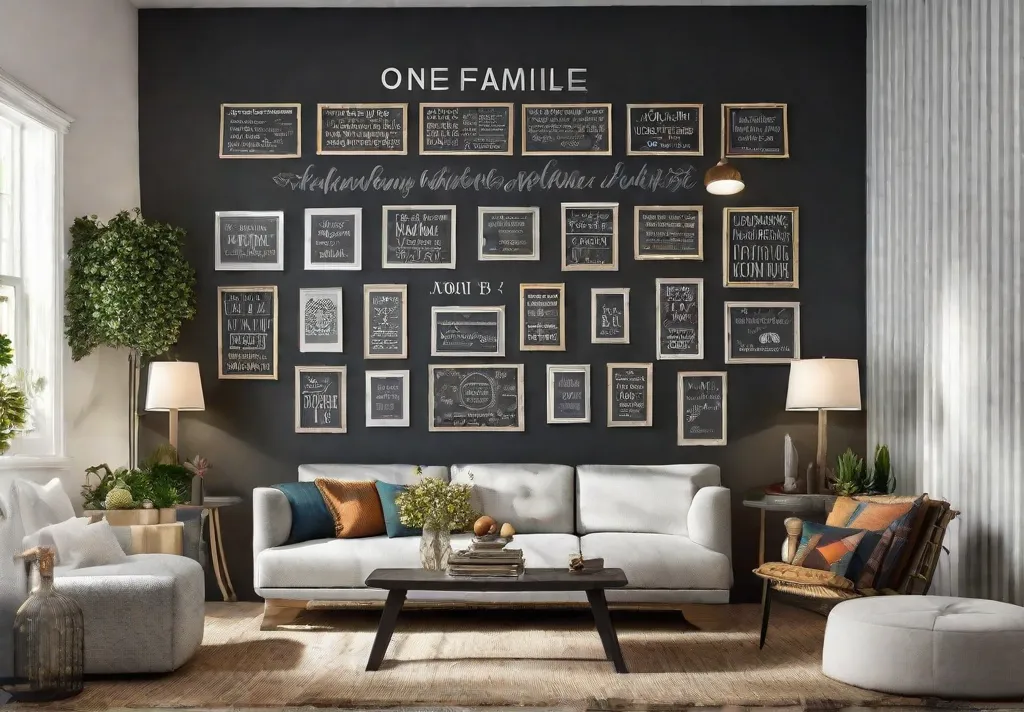A creative family living room with one wall painted using chalkboard paint