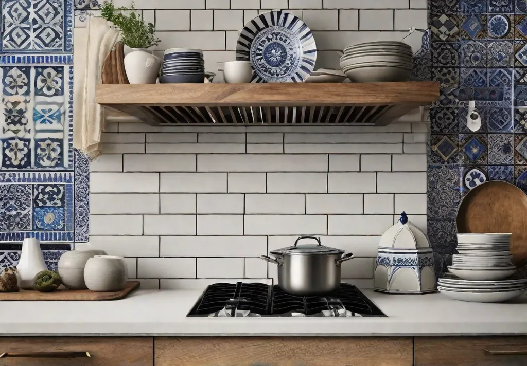 A culturally rich kitchen wall showcasing an eclectic mix of Moroccan tiles as a backsplash and hanging decorative Italian plates