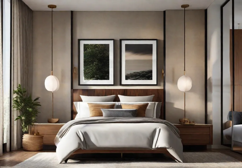 A depiction of a bedroom bathed in natural light featuring sheer lightdiffusing