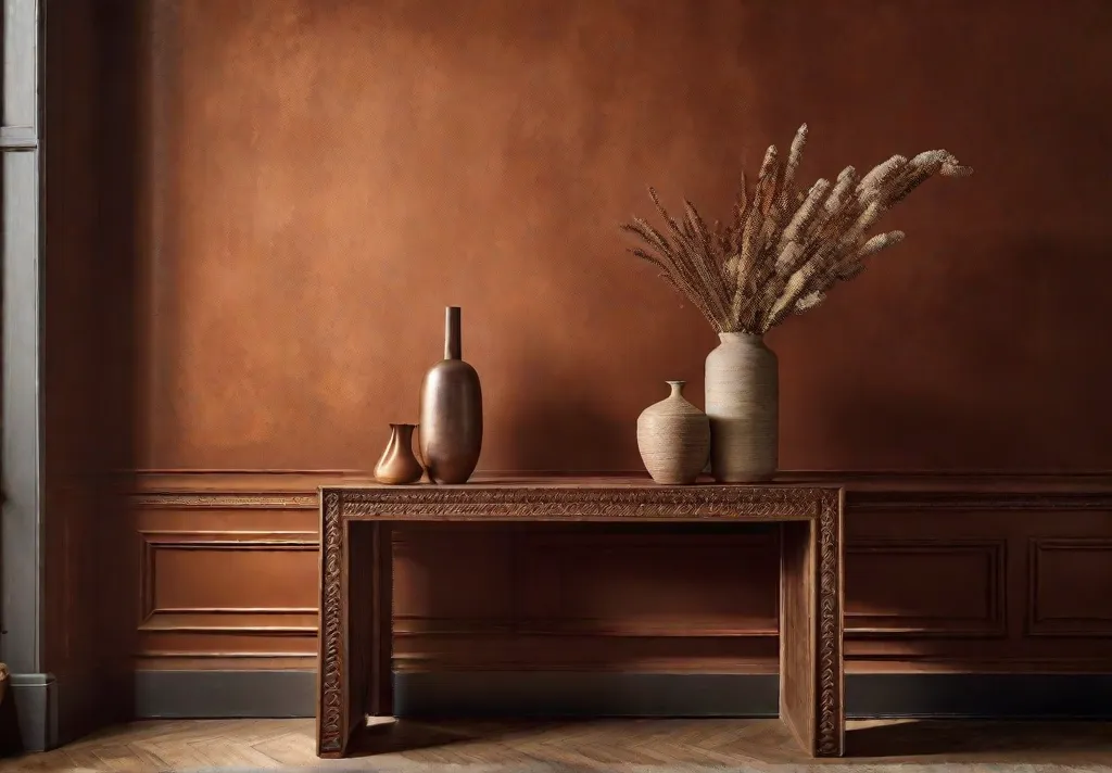 A detail shot of rich terracotta painted living room wall texture