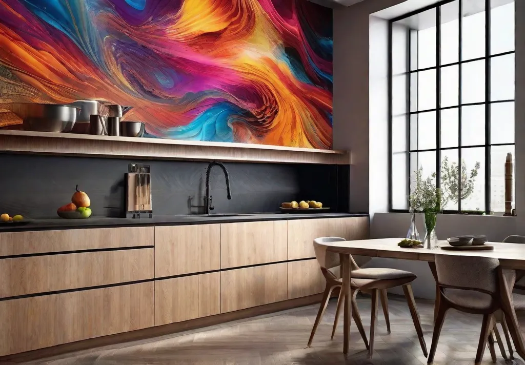 A detailed abstract acrylic mural with splashes of bold colors spread across the kitchen wall