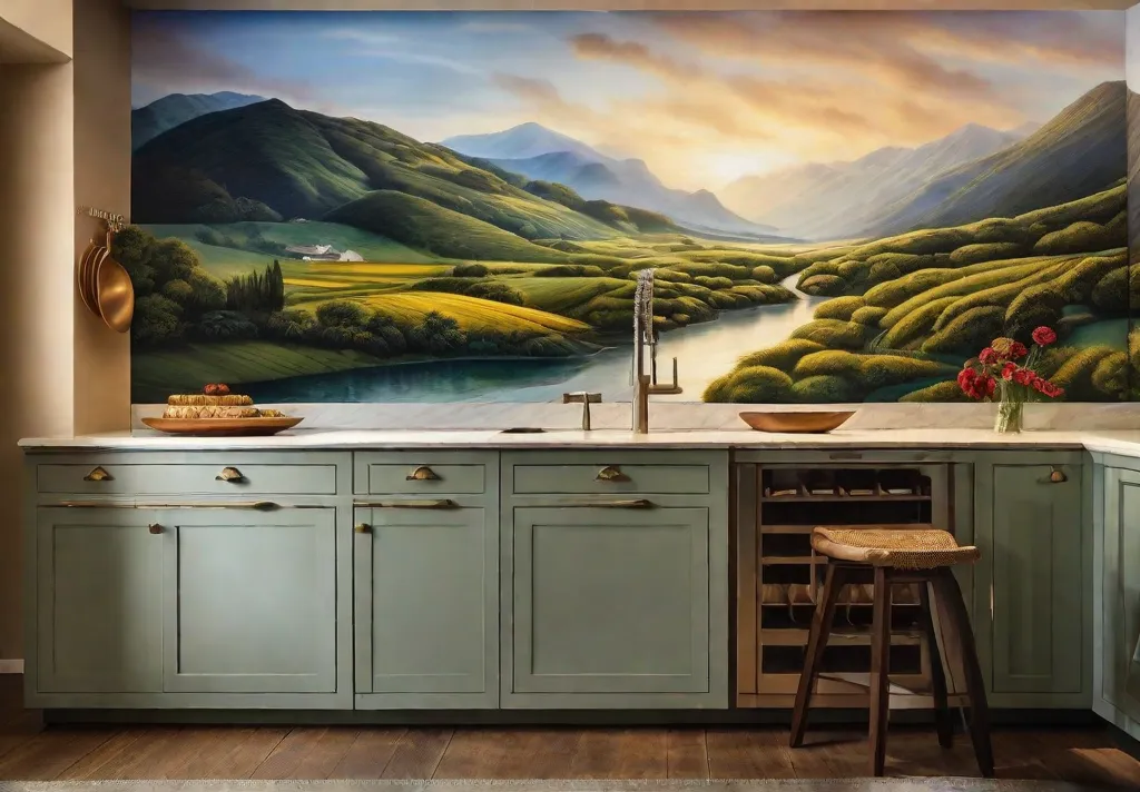 A detailed shot of a kitchen wall displaying a hand painted mural of a picturesque landscape