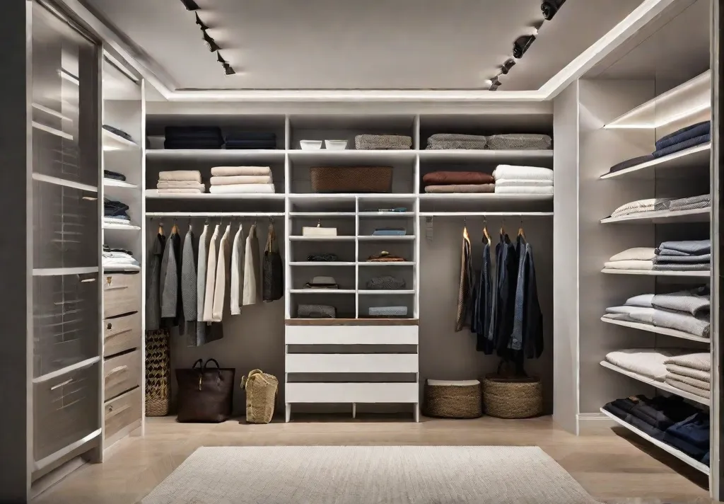 A detailed view of a closet optimized with clear shelf dividers showcasing