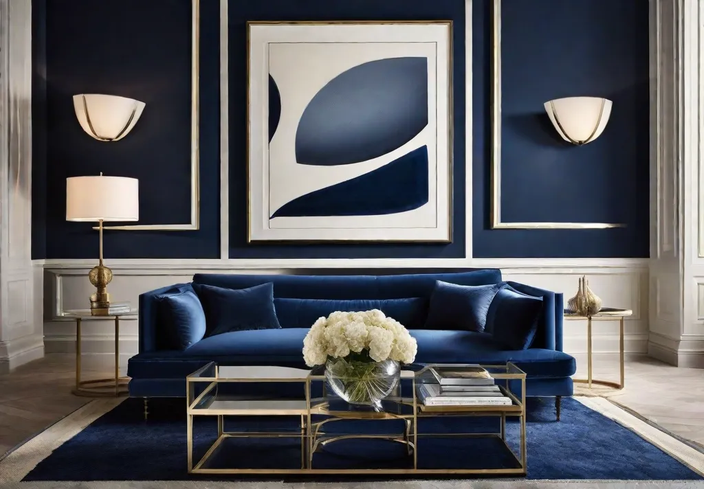 A detailed view of a navy blue and cream living room