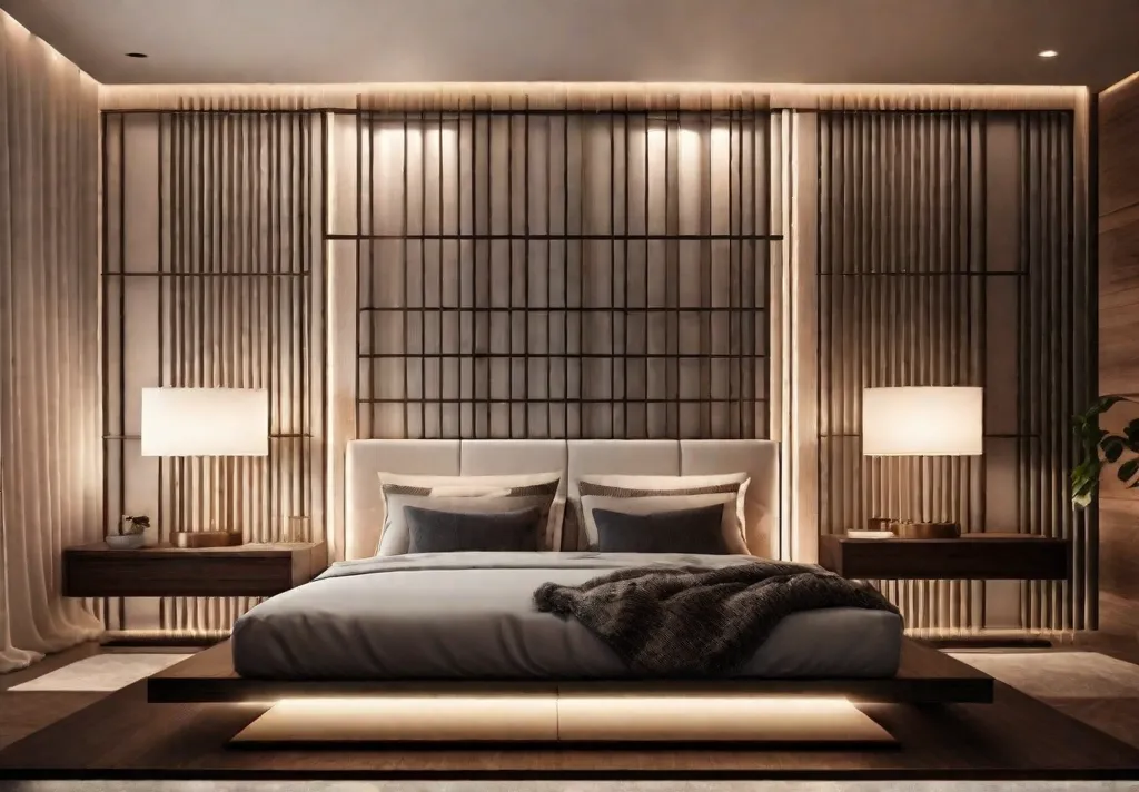 A dimly lit bedroom featuring warm dimmable recessed ceiling lights a pair