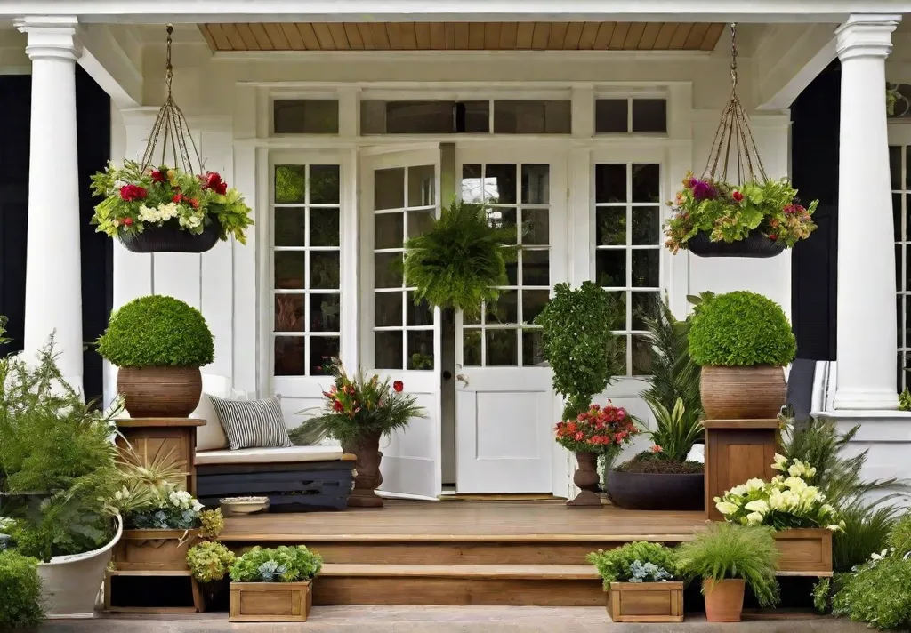 A display of assorted planters and greenery hanging baskets with trailing flowers