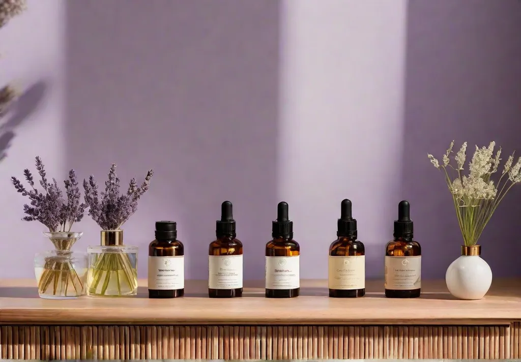 A display of natural scent diffusers on a minimalist wooden dresser using