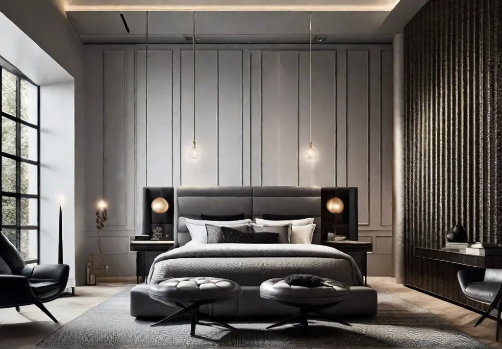 A dramatic bedroom setting showcasing a bold monochrome palette softened by textures